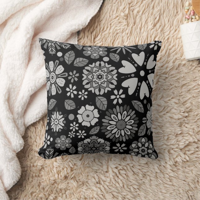 Almofada Black And Gray Retro Floral Art Seamless Pattern (Cobertor)