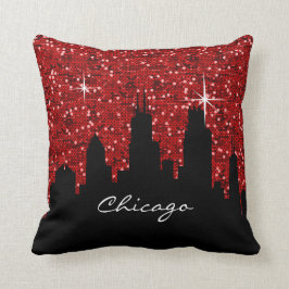 Almofada Black and Red Confetti Glitter Chicago Skyline