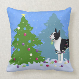 Almofada Black Boston Terrier na Floresta de Natal