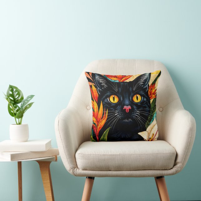 Almofada Black Cat Surrounded With Flowers Pillow (Cadeira)
