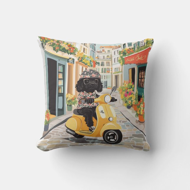 Almofada Black Doodle Riding Scooter European City Streets (Frente)
