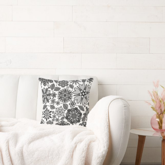 Almofada Black Gray White Retro Floral Art Seamless Pattern (Sofá)