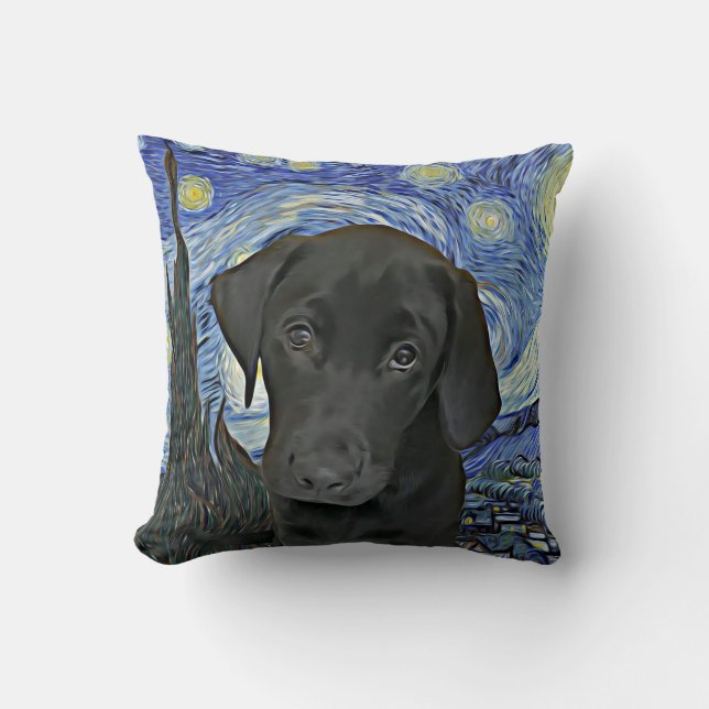 Almofada Black Lab Puppy Starry Night Van Gogh Inspirou  (Frente)