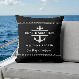 Almofada Black Nautical Boat Name Welcome Aboard Anchor 