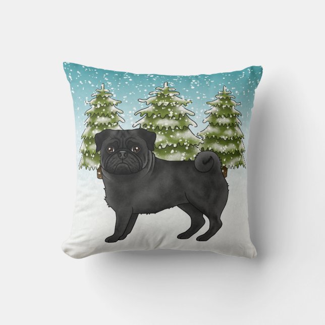 Almofada Black Pug Cute Cartoon Dog Snowy Winter Forest (Frente)