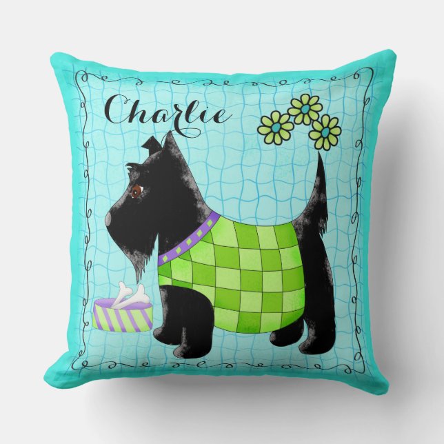 Almofada Black Scottie Dog Name Personalize Turquoise (Frente)