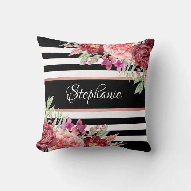 Almofada Black Stripes Burgundy Floral Personalizado (Frente)