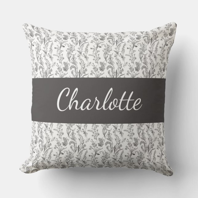 Almofada Black White Chic Toile Floral Custom Name (Frente)
