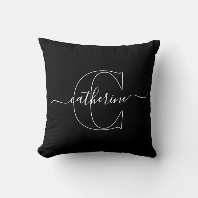 Almofada Black White Minimalist Elegant Script Monogram (Frente)