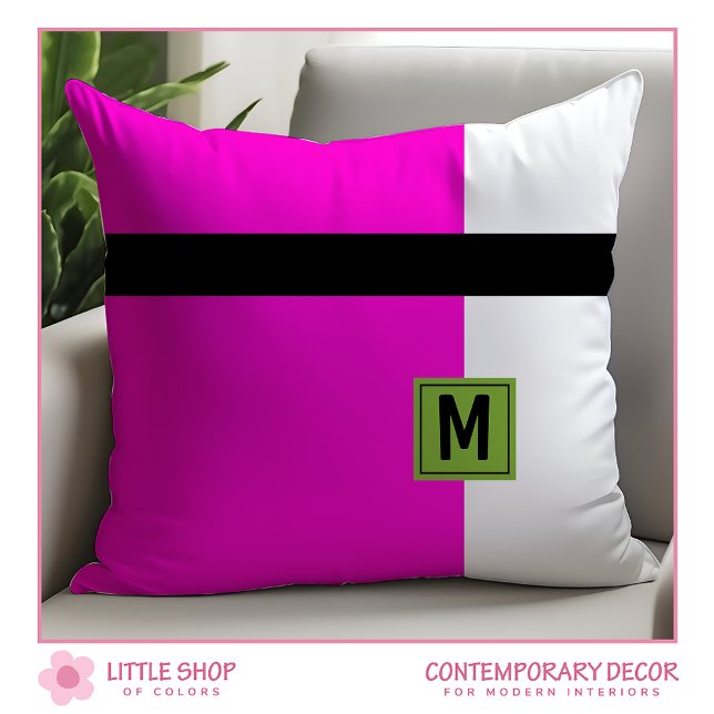 Almofada Bloco de Cor Preto Rosa Moderno Monogramado (Criador carregado)