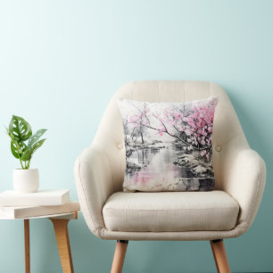 Almofada Blooming Sakura sobre pintura de tinta fluvial