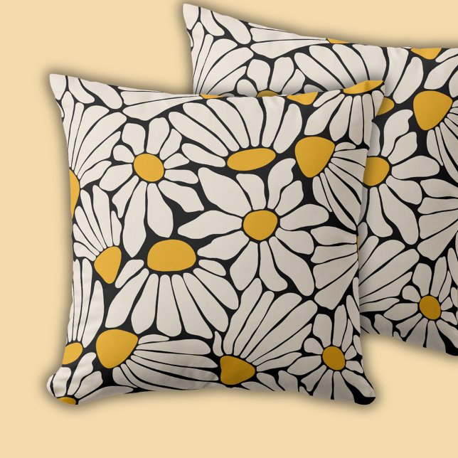Almofada Bloqueio amarelo-preto retroativo impressão (Retro floral daisy dream throw pillow cushion.)