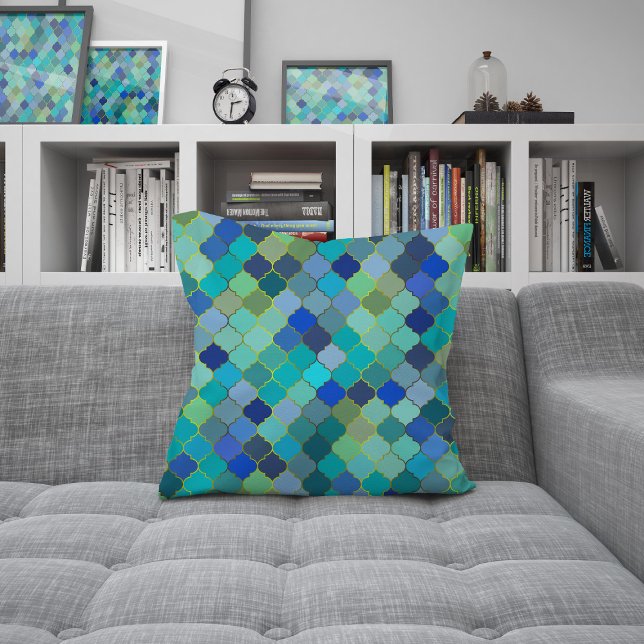 Almofada Blue Aqua Moroccan Mosaic Pattern (Blue Aqua Moroccan Mosaic Pattern Throw Pillow by Looly Elzayat)