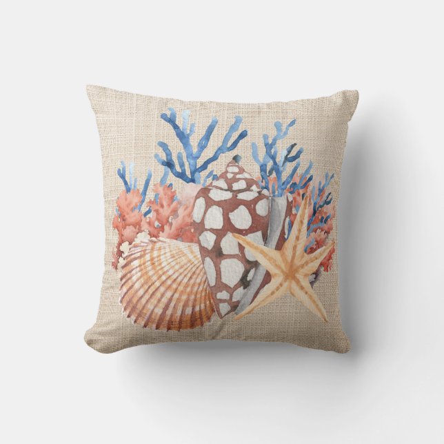 Almofada Blue Beige Seashells Starfish Coral Coastal Beach (Frente)