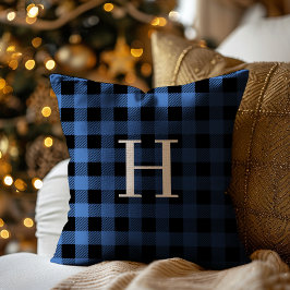Almofada Blue Black Buffalo Plaid Monogram Holiday