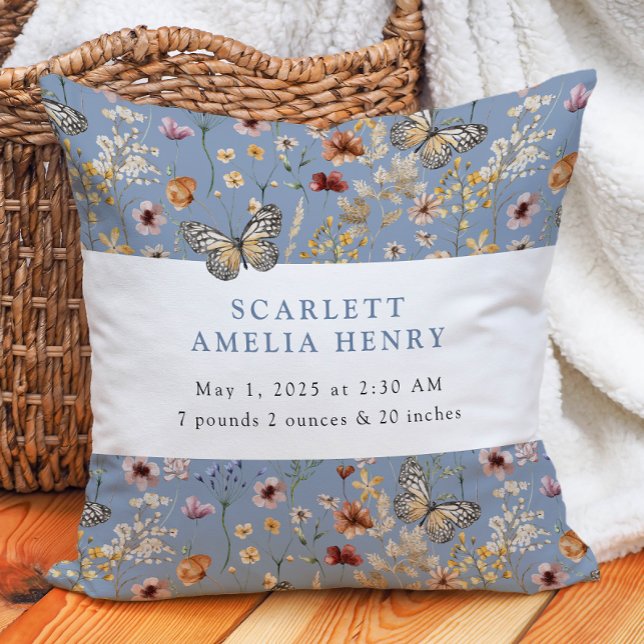 Almofada Blue Boho Wildflower Baby Stats (Dusty Blue Boho Wildflower Baby Stats Throw Pillow with Butterflies by Painted Paperie
)