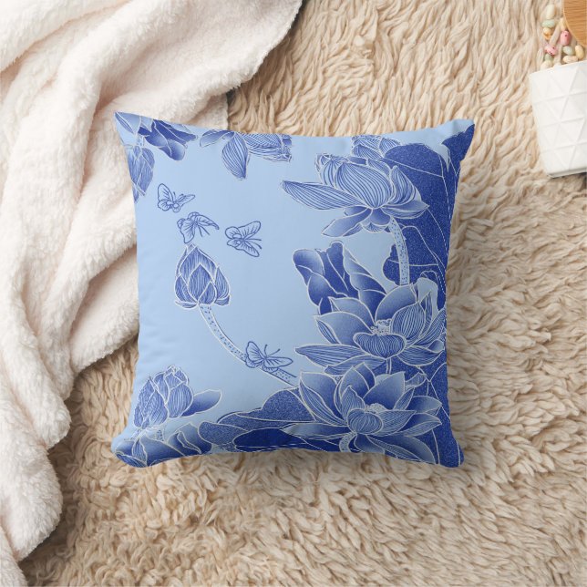 Almofada Blue Chinoiserie Lotus Mandala Bloom Legenda (Cobertor)