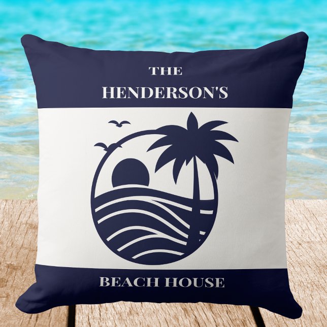 Almofada Blue Coastal Palm Tree Family Name Beach House (Criador carregado)