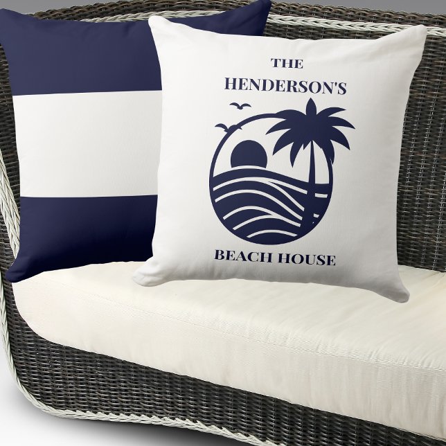 Almofada Blue Coastal Palm Tree Family Name Beach House (Criador carregado)