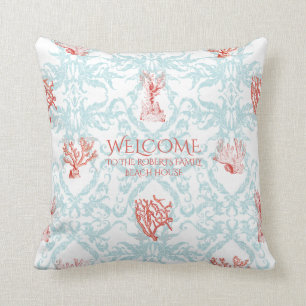 Almofada Blue Coral Damask Beach House Sinal Family