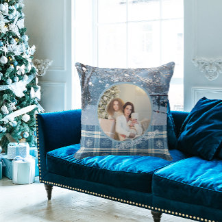 Almofada Blue Cozy Plaid Snowy Winter Photo Christmas 