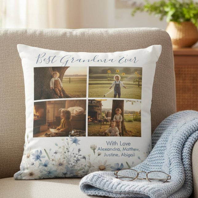 Almofada Blue Floral Best Grandma Ever Picture Gift (Blue floral best grandma photo gift throw pillow)