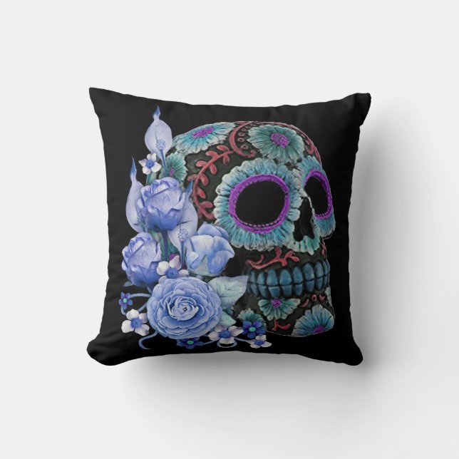Almofada Blue Floral Black Sugar Skull Day Of The Dead (Frente)