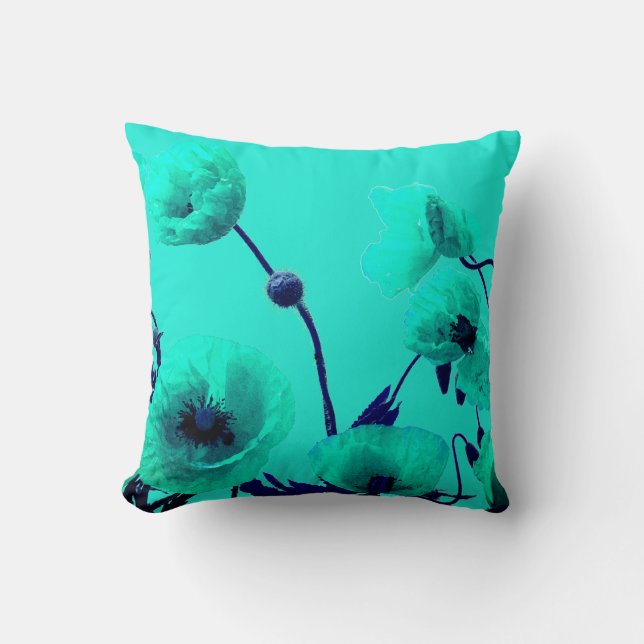 Almofada Blue Floral Watercolor Turquoise Poppy Flowers Art (Frente)