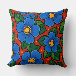 Almofada Blue Flowers and Green Leaves on a Red Background