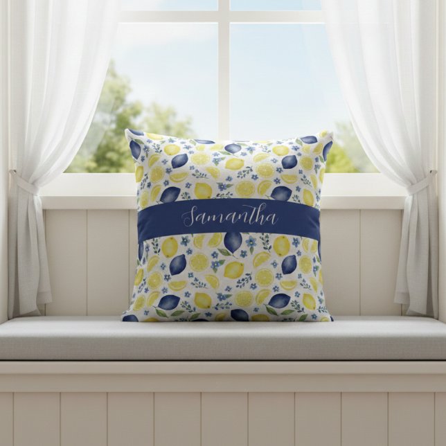 Almofada Blue French Country Lemon Pattern Name (Criador carregado)