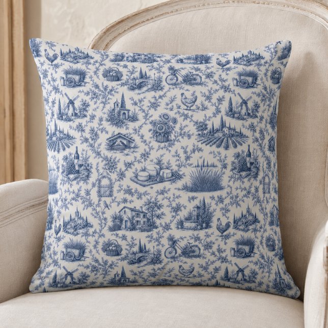 Almofada Blue French Toile Countryside Rose Branch Pattern  (Criador carregado)