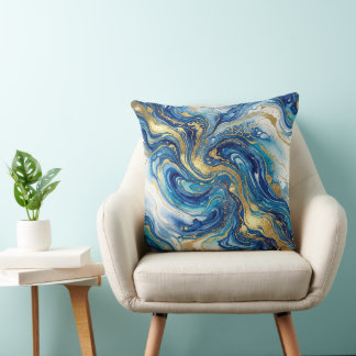 Almofada Blue Gold Marble Luxury Decor Fluid Art Pattern