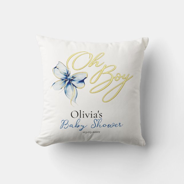 Almofada Blue & Gold “Oh Boy” Gold Typography Baby Shower (Frente)