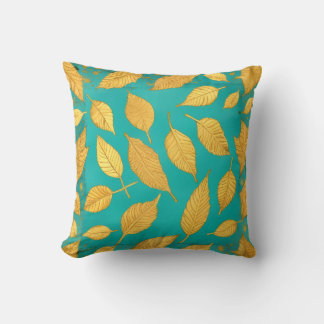 Almofada Blue Green Throw Pillow with Gold Leaves
