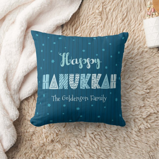 Almofada Blue Happy Hanukkah Typografia Star do nome David (Cobertor)