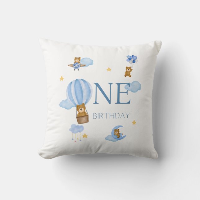 Almofada Blue Hot Air Balloon Bear 1st Birthday Baby T-Shir (Frente)