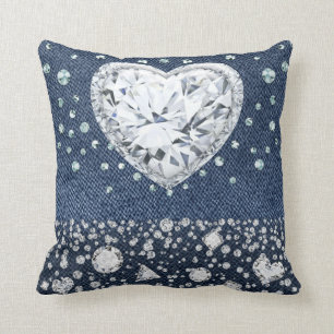 Almofada Blue Jean Denim & Diamantes Brilho Diamante Coraçã
