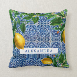 Almofada Blue Mediterranean Azulejos Lemons Chic Modern