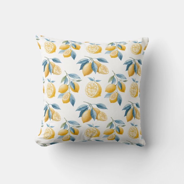 Almofada Blue Mediterranean Lemon Pattern Throw Pillow (Frente)