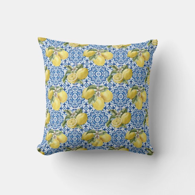 Almofada Blue Mediterranean Tiles Lemon Pattern (Frente)