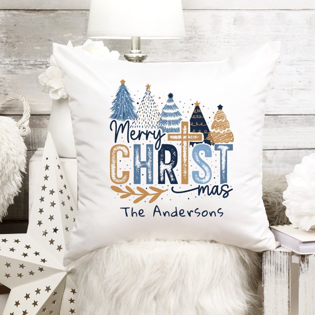 Almofada Blue Modern Cross Christian Jesus Nome do Natal (Blue Modern Cross Christian Jesus Christmas Name Throw Pillow)