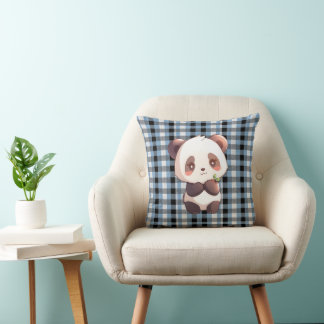 Almofada Blue Plaid Panda Throw Pillow