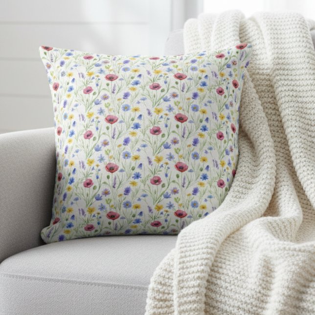 Almofada Blue Red Watercolor Wildflower (Criador carregado)