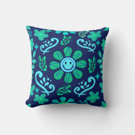 Almofada Blue Retro Style Floral and Sun Symbol Pattern