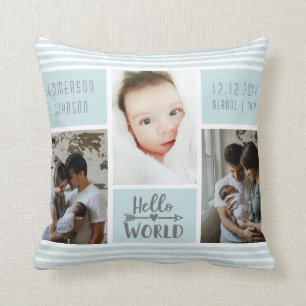 Almofada Blue Stripe Foto Collage Baby Boy Stats