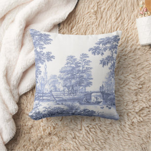 Almofada Blue Toile Vintage Barco de Ponte Pastoral Frances