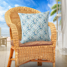 Almofada Blue Watercolor Floral & Diagonal Stripes Coastal 