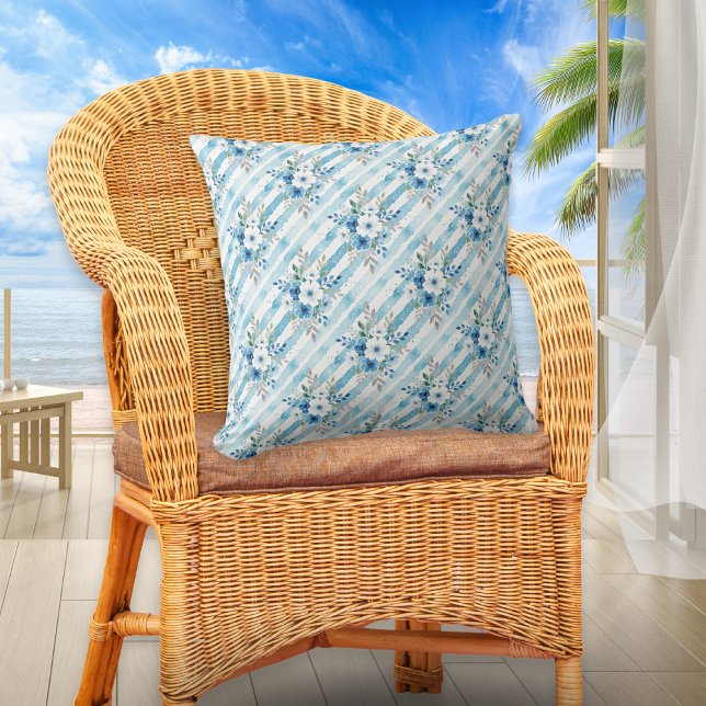 Almofada Blue Watercolor Floral & Diagonal Stripes Coastal  (A pretty throw pillow with white and blue floral and striped pattern in a watercolor style)