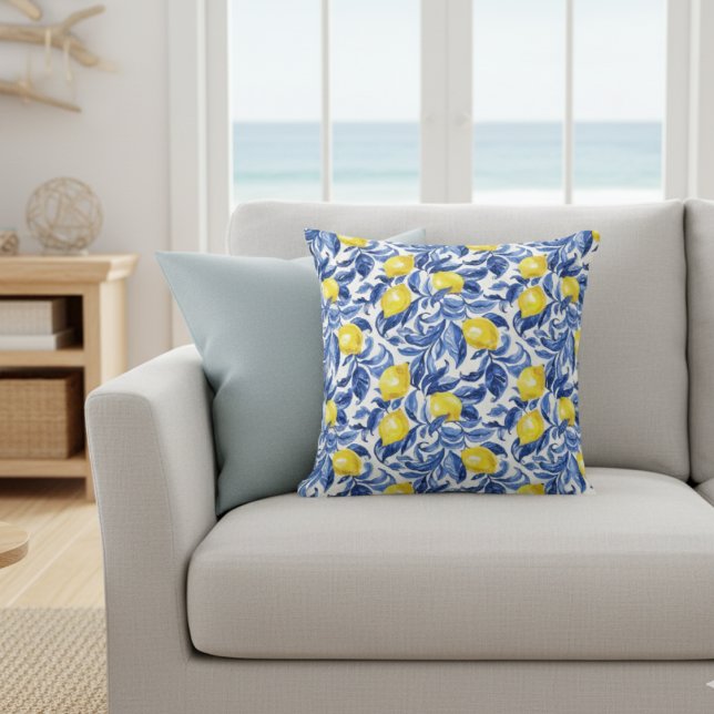 Almofada Blue Watercolor Lemon Pattern  (Criador carregado)