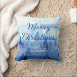 Almofada Blue Watercolor Pine Trees Winter Merry Christmas<br><div class="desc">Travesseiro decorador de pinheiros de aquarela azul com texto,  "Feliz Natal" Personalize com seu nome de família.</div>